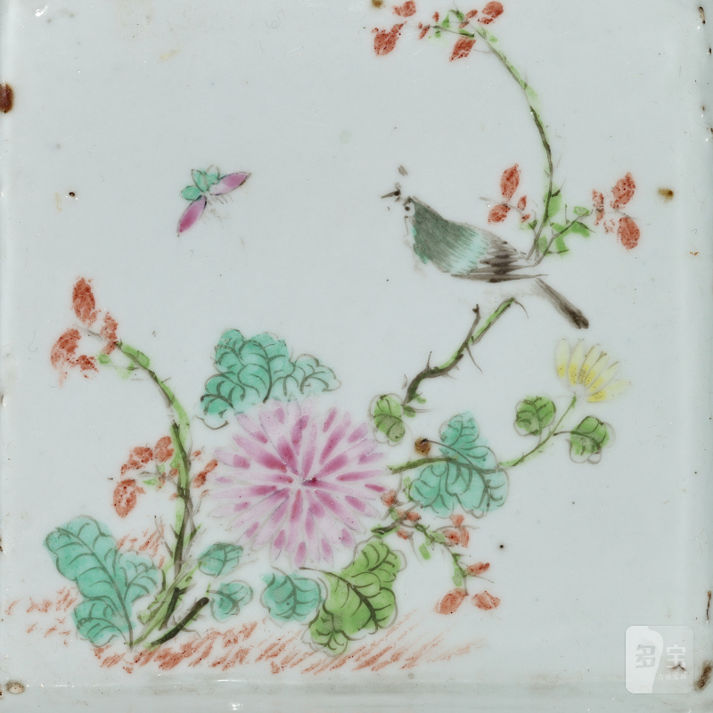 清晚期-民国 粉彩花鸟纹四方盘 - 图2